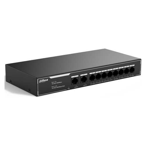 Гигабитный 10-порт. неуправляемый коммутатор c PoE DAHUA DH-SG1010LP, 8xRJ45 1Gb PoE, 2xRJ45 1Gb uplink, суммарно 65Вт,, MAC-таблица 2K, металл