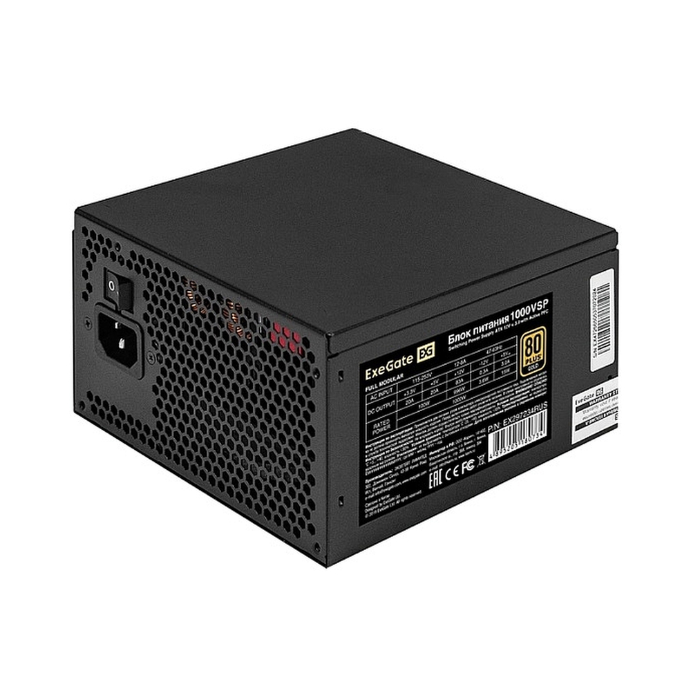 Блок питания 1200W ExeGate 80 PLUS® GOLD 1200VSP FС (ATX3.0, APFC, КПД 90% (80 PLUS GOLD), 120mm fan, 24pin, 2x(4+4)pin, PCIE5.0/12VHPWR, 4xPCI-E, 9xSATA, 3xIDE, 1xFDD, Full Cable Management, black, Color box)