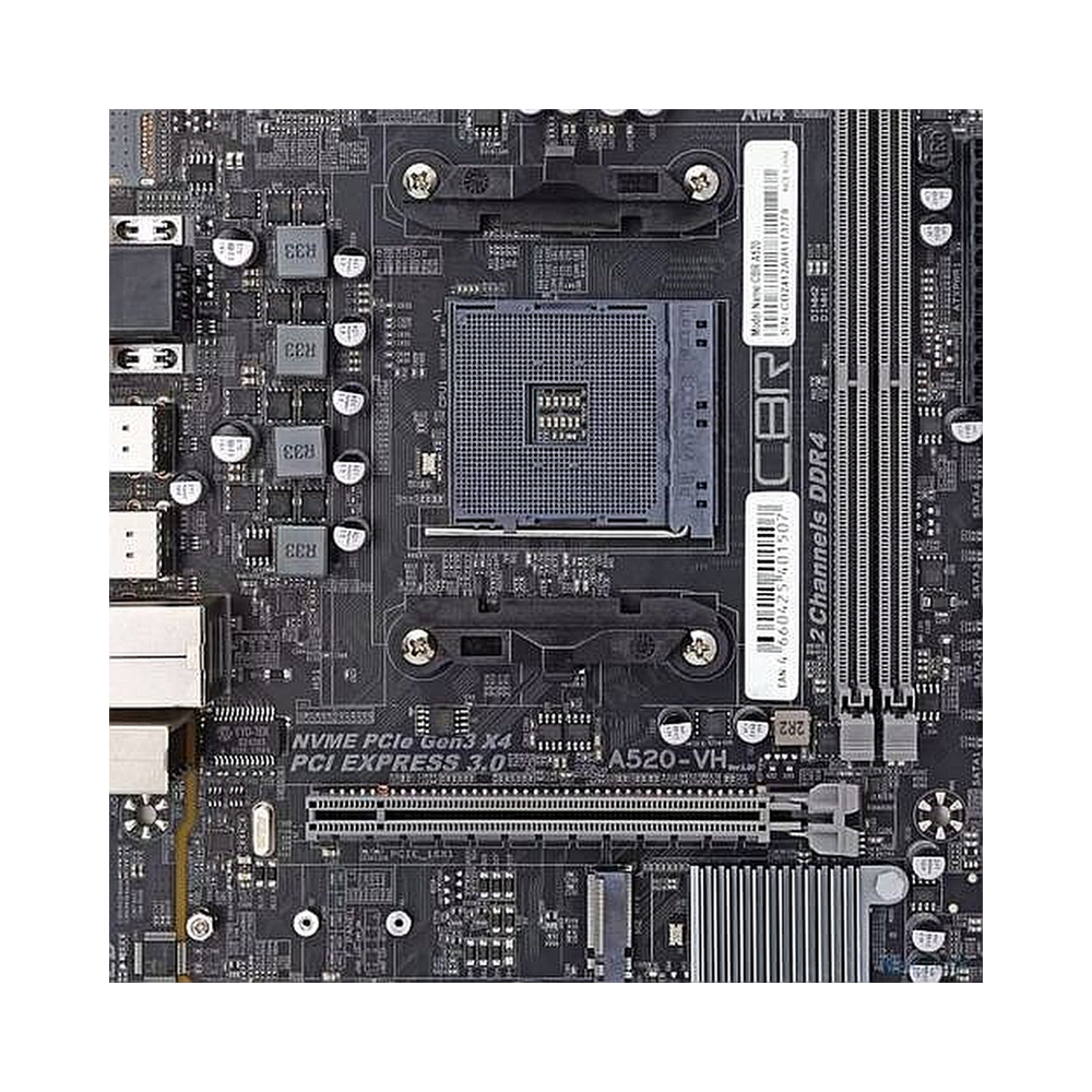 Материнская плата CBR A520, AM4, AMD A520, 2xDDR4, 4xSATA, 1xM.2, 1xPCIe x16, 1xPCIe x1, 1xVGA, 1xHDMI, 1x1Gb LAN, 2xUSB 2.0, 4xUSB 3.0, 5.1, mATX
