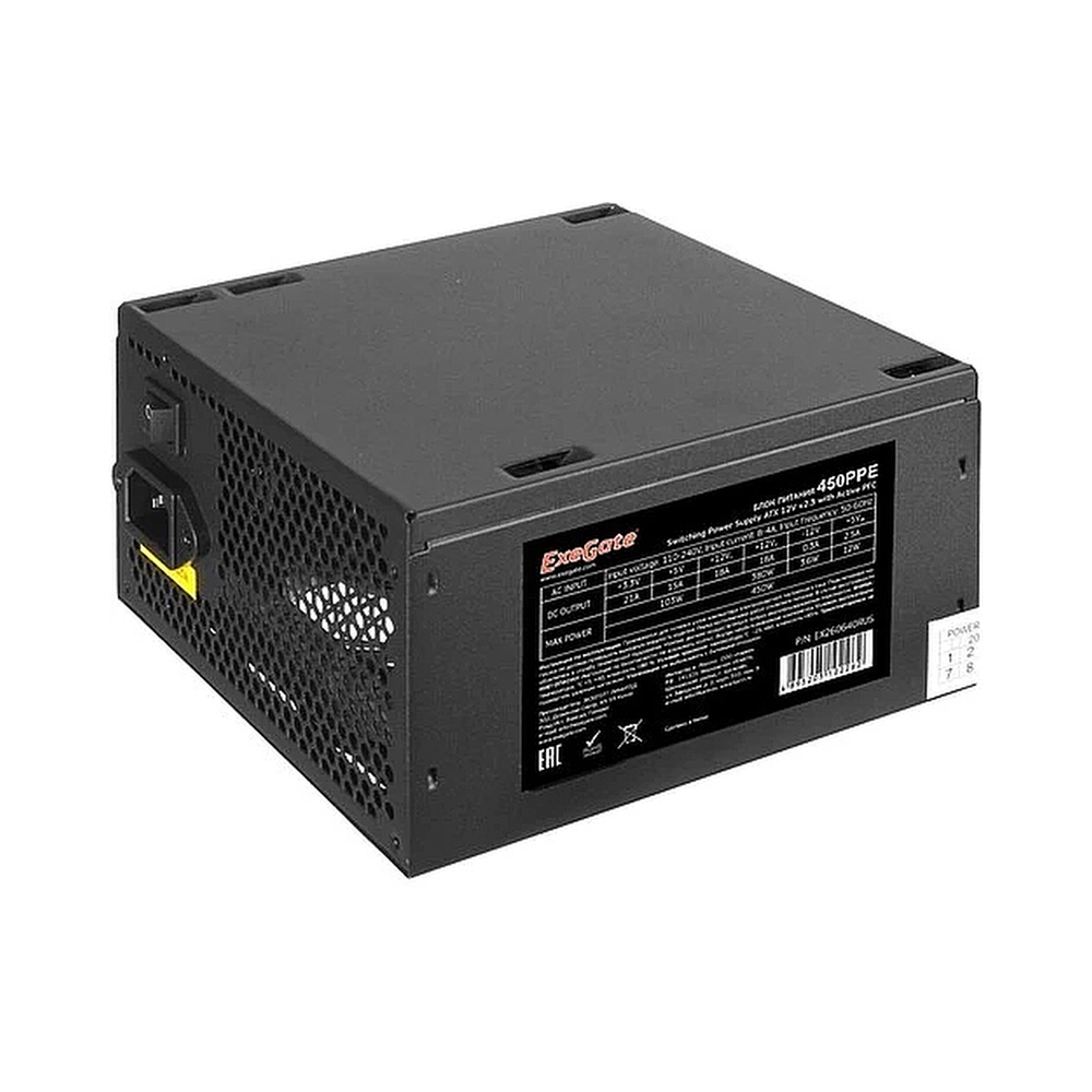 Блок питания Exegate EX260640RUS-PC 450W Exegate 450PPE, ATX, black, APFC, 12cm, 24p+(4+4)p, PCI-E, 3*IDE, 5*SATA, FDD