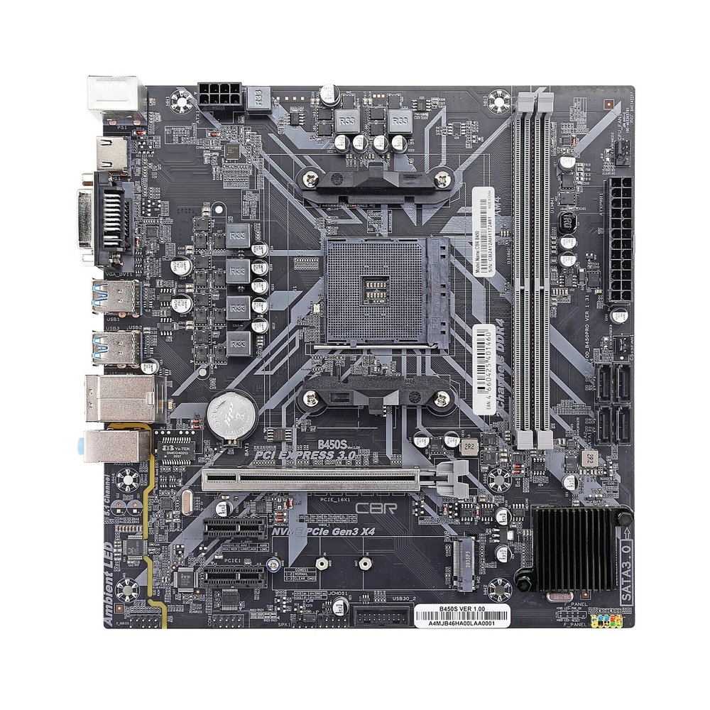 Материнская плата CBR B450 oem, AM4, AMD B450, 2xDDR4, 4xSATA, 1xM.2, 1xPCIe x16, 1xPCIe x1, 1xVGA, 1xHDMI, 1x1Gb LAN, 2xUSB 2.0, 2xUSB 3.0, 5.1, mATX