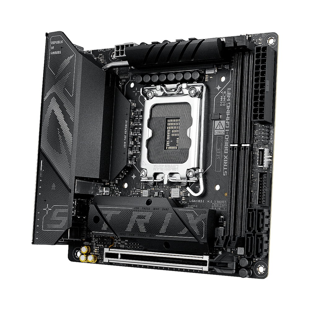 Материнская плата ASUS ROG STRIX B860-I GAMING WIFI, LGA1851, Intel B860, 2xDDR5, 4xSATA, 2xM.2, 1xPCIe 5.0 x16, 1xDP, 1xHDMI, 1xThunderbolt 4, 1x2.5Gb LAN, Wi-Fi 7, 2xUSB 2.0, 3xUSB 3.2 Gen 1, 1xUSB 3.2 Gen 2, 1xUSB 3.2 Gen 2x2, 1xUSB-C, 1xS/PDIF, 2x3.5