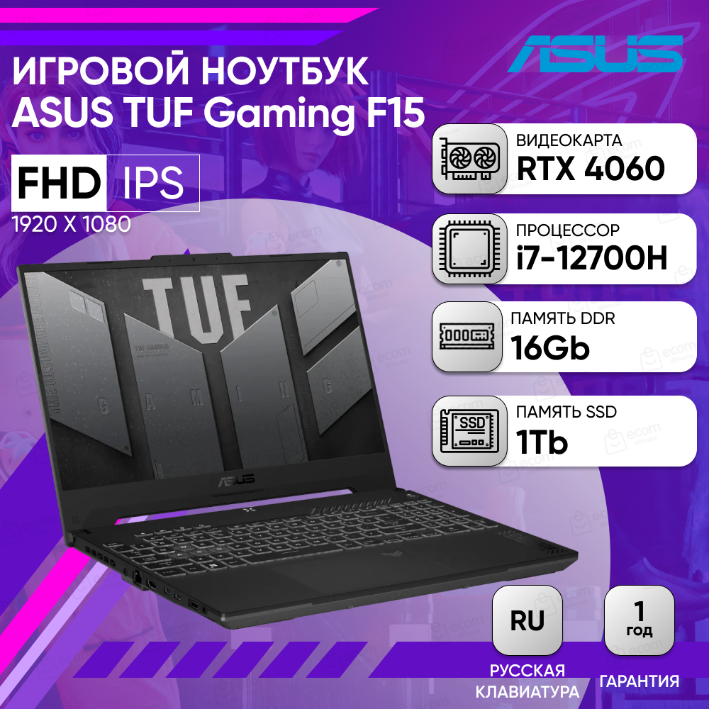 Ноутбук Asus TUF Gaming F15 FX507ZV4-LP106 Core i7 12700H 16Gb SSD1Tb NVIDIA GeForce RTX4060 8Gb 15.6" IPS FHD (1920x1080) noOS grey WiFi BT Cam (90NR0FA7-M007U0)